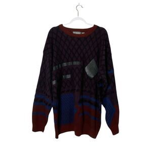Vintage 80's Alvin Josef Geometric Print Knit Sweater Leather Patches Mens 2XLT